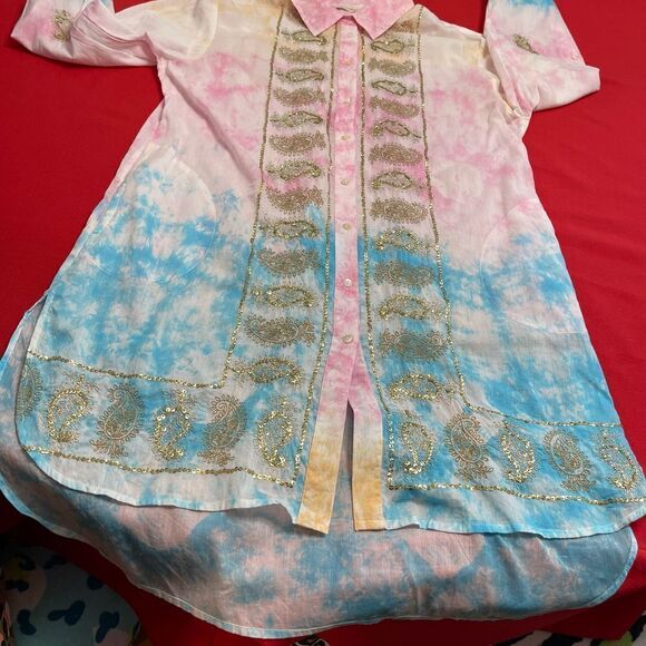 Soft Surroundings Gilded Paisley Tie-Dye Tunic Top Button Up Sequin Sz Medium - Picture 7 of 9